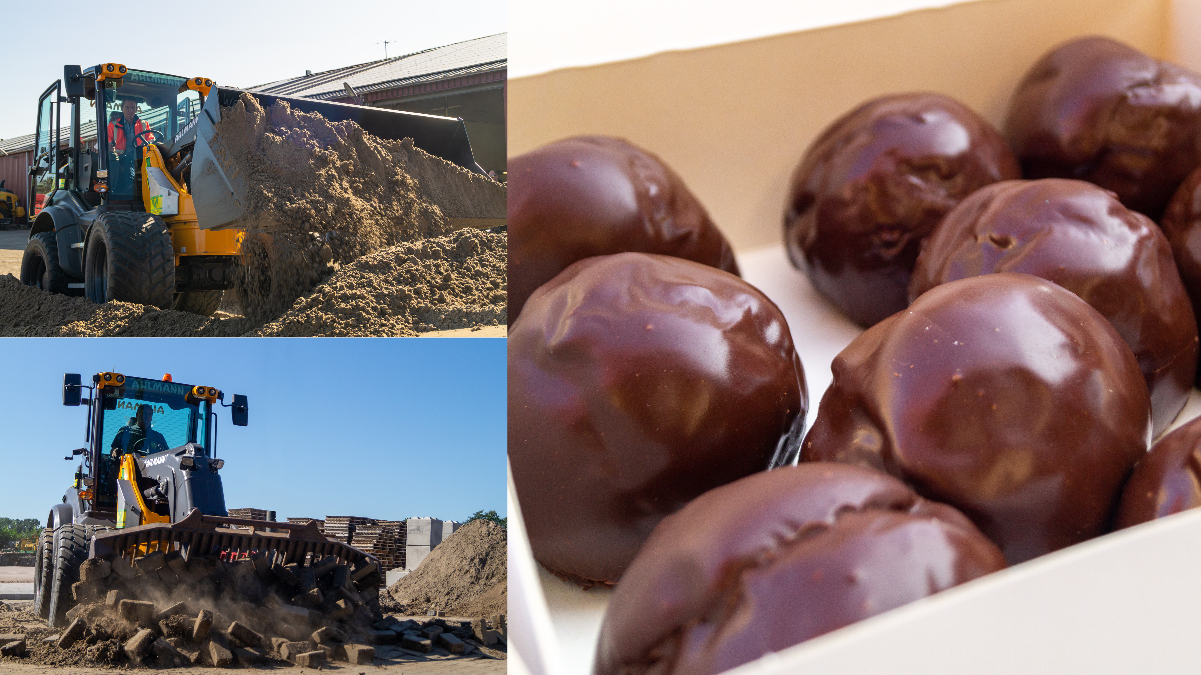 Drieluik: de Ahlmann shovel schept zand, verwerkt puin met een hark en een doos chocoladebonbons ter viering