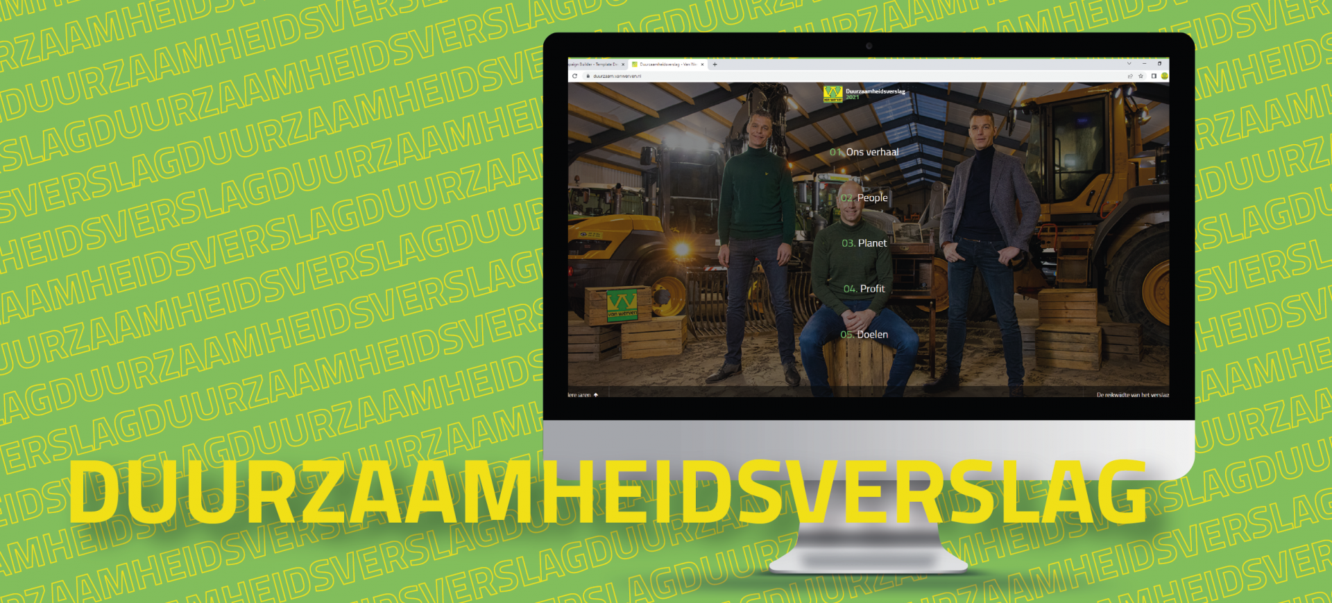 Groene illustratie met een beeldscherm waarop het online duurzaamheidsverslag 2021 opent, met de tekst 'Duurzaamheidsverslag'