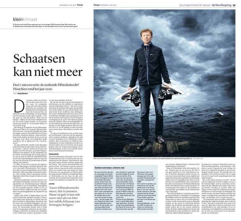 Krantenpagina uit Trouw: “Schaatsen kan niet meer”, met weerman Gerrit Hiemstra
