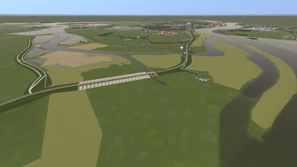 Computerbeeld van de toekomstige hoogwatergeul: een nieuwe waterloop met kades en een inlaatwerk tussen de weilanden