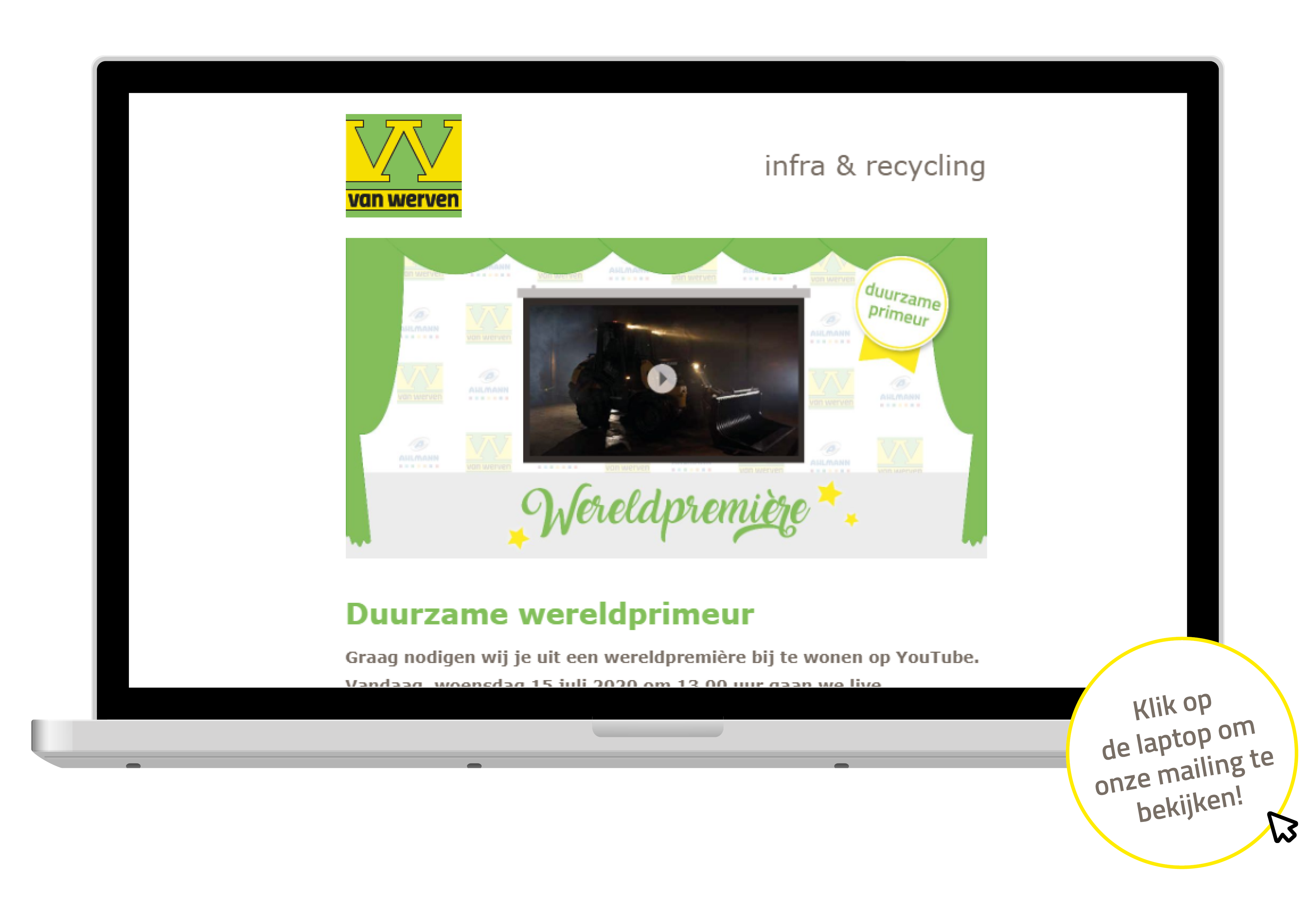 Laptop met de uitnodigingsmailing voor de wereldpremière van Van Werven en Ahlmann