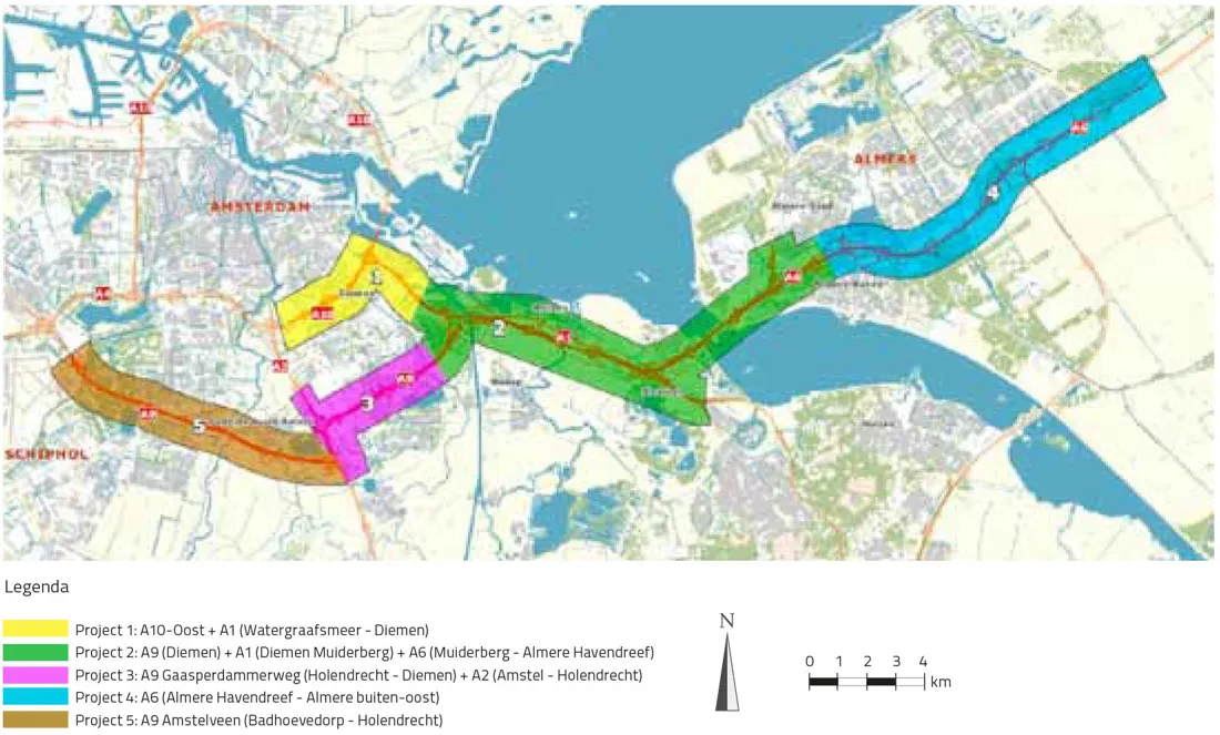 Kaart van het SAA-programmagebied tussen Schiphol en Almere, met de vijf deelprojecten in kleur: A10-Oost en A1 Watergraafsmeer-Diemen (1), A9, A1 en A6 van Diemen tot Almere Havendreef (2), A9 Gaasperdammerweg (3), A6 Almere Havendreef-Almere Buiten-Oost (4) en A9 Amstelveen (5)
