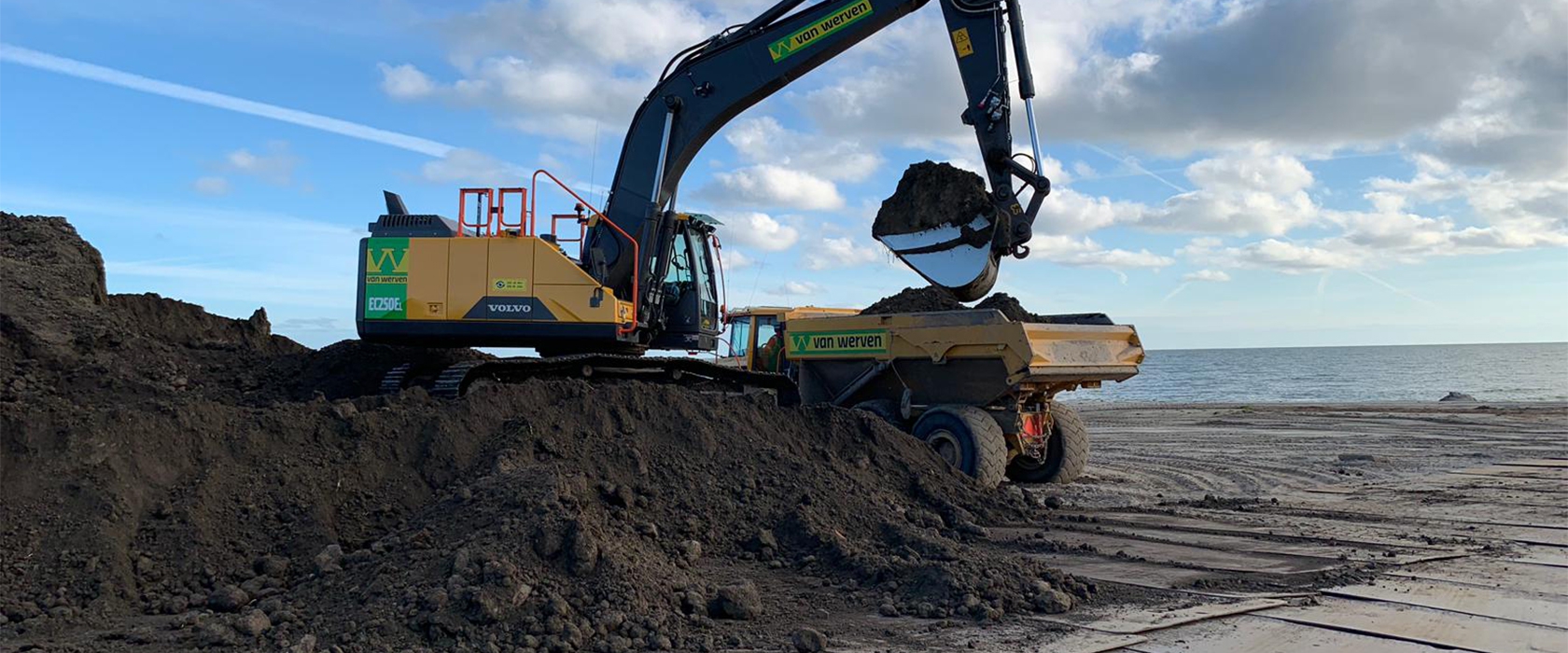 Volvo-rupskraan laadt donkere grond in een dumper aan de kust