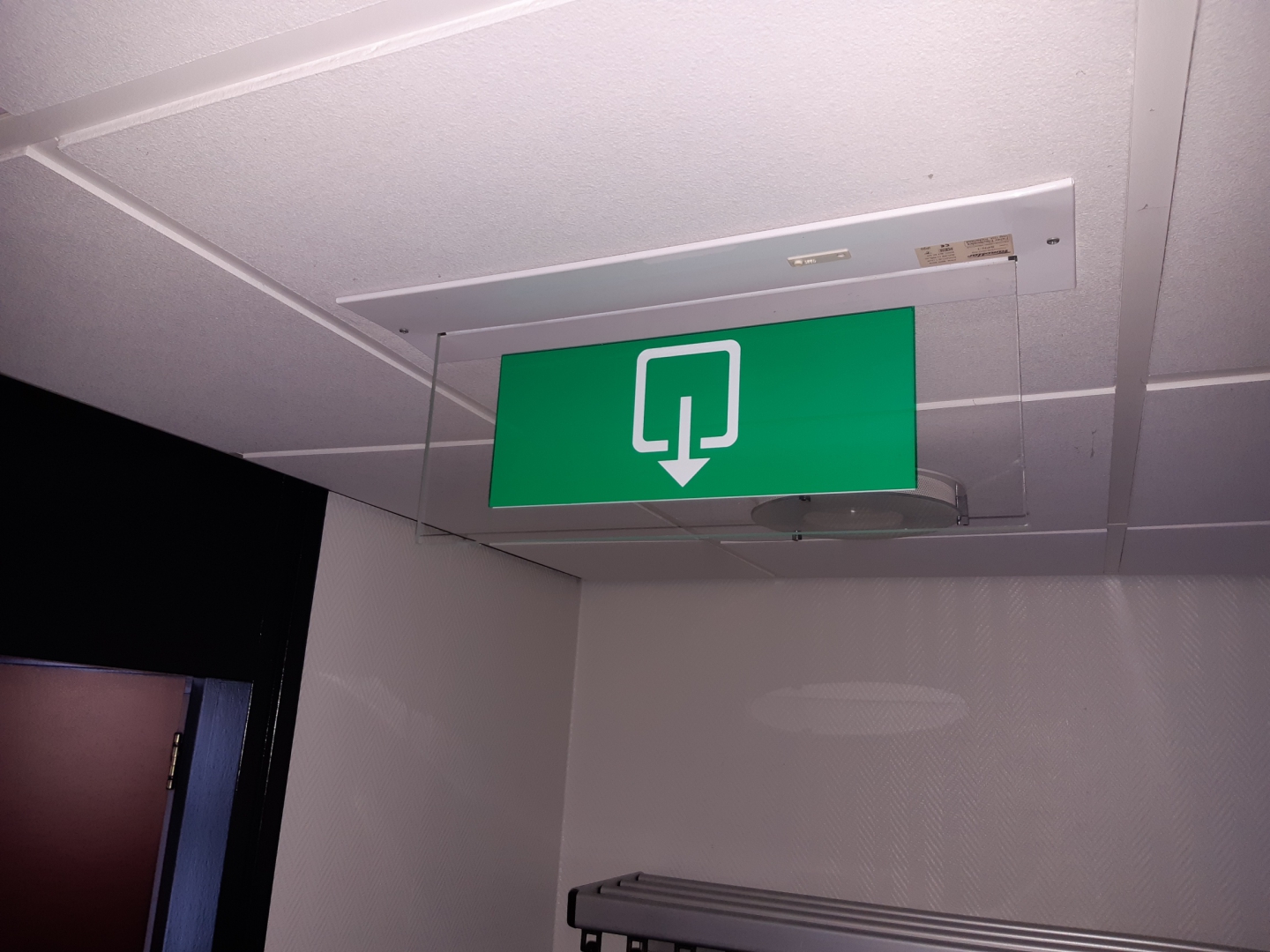 Tweede noodverlichtingsarmatuur, met pictogram van een deuropening met pijl omlaag