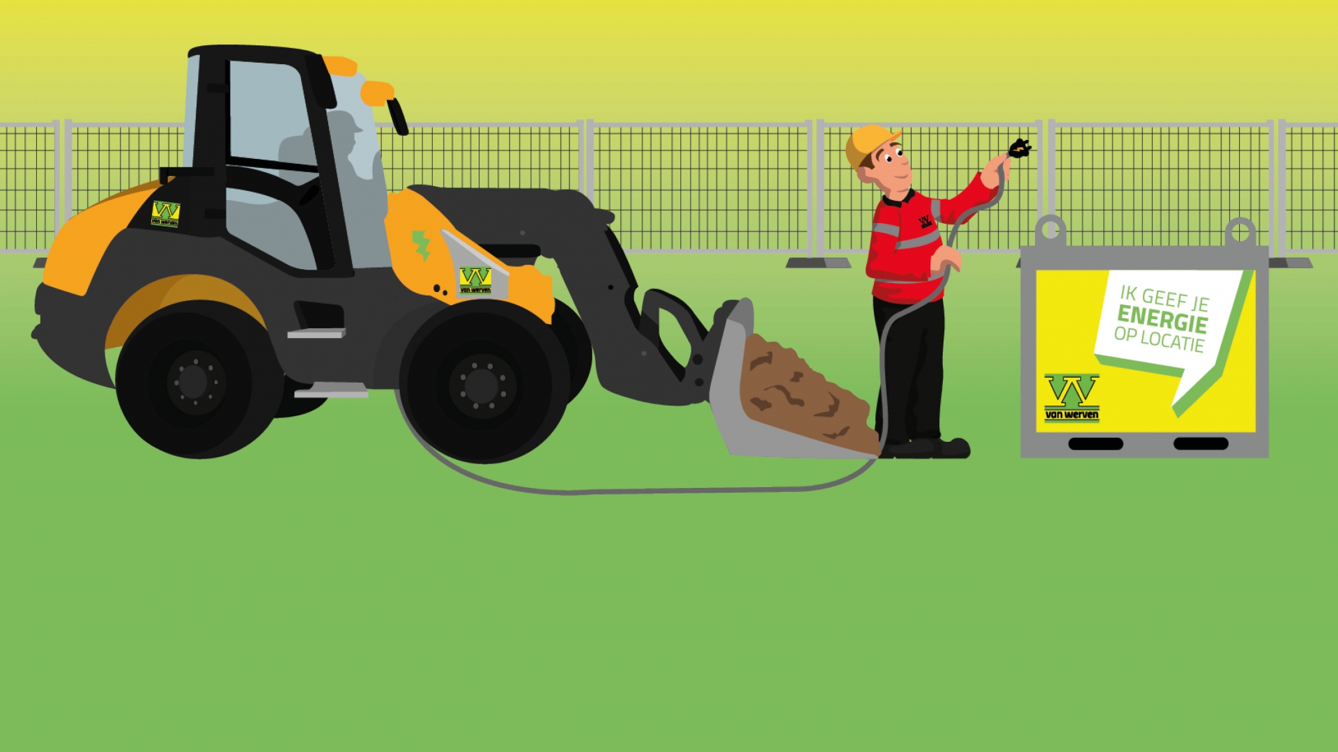 Illustratie van een elektrische shovel die via een kabel oplaadt aan een gele Van Werven-accubox met de tekst 'Ik geef je energie op locatie'