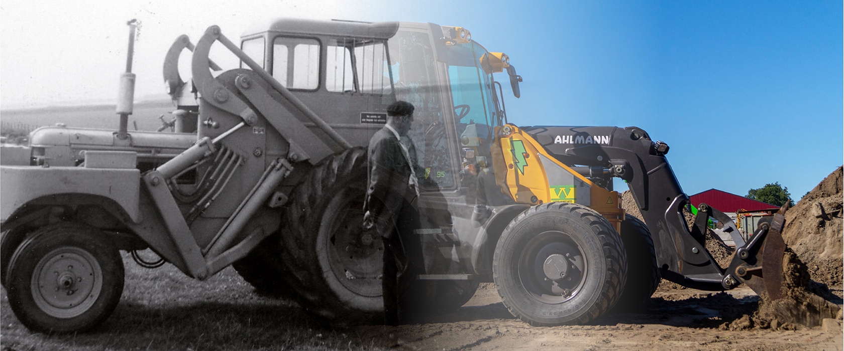 Beeldmontage: een zwart-witfoto van een oude shovel vloeit over in de moderne elektrische Ahlmann shovel