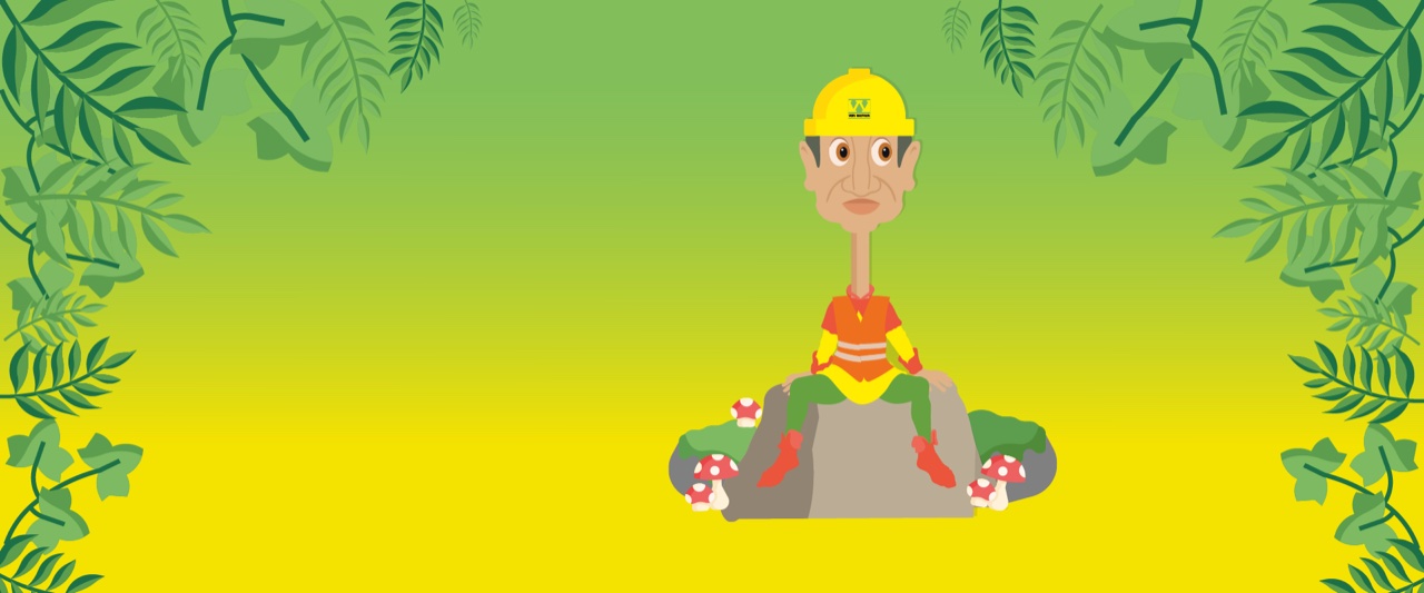 Illustratie in Efteling-stijl: een figuur met een lange nek, gele Van Werven-helm en oranje veiligheidshesje zit op een rots tussen paddenstoelen en groene bladeren