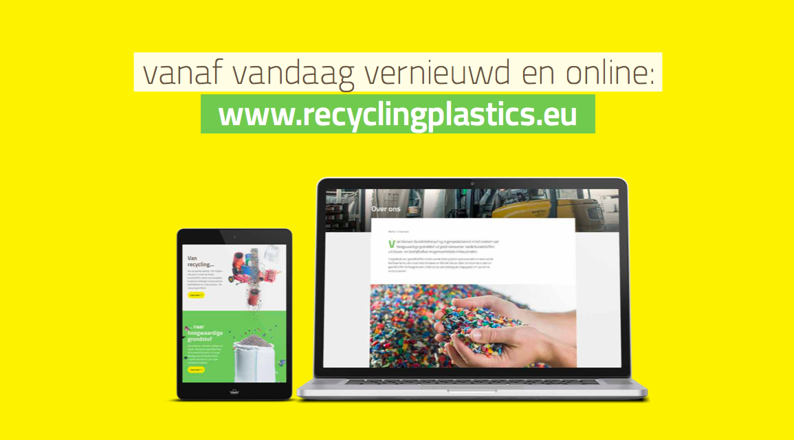 Aankondiging van de vernieuwde website recyclingplastics.eu op laptop en tablet (tekst in beeld: “vanaf vandaag vernieuwd en online”)