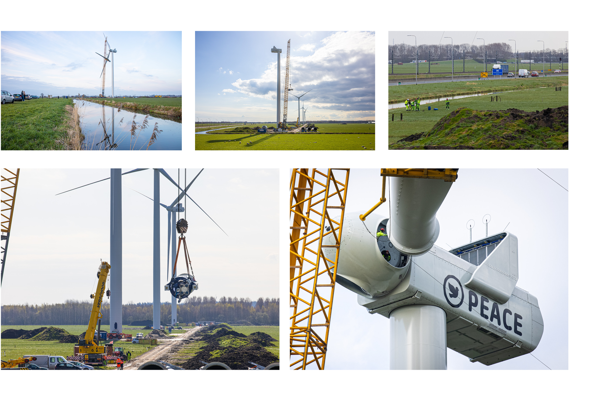 Collage van de bouw: toeschouwers langs het water en de snelweg, de kraan hijst onderdelen en de gondel met 'Peace'-opdruk