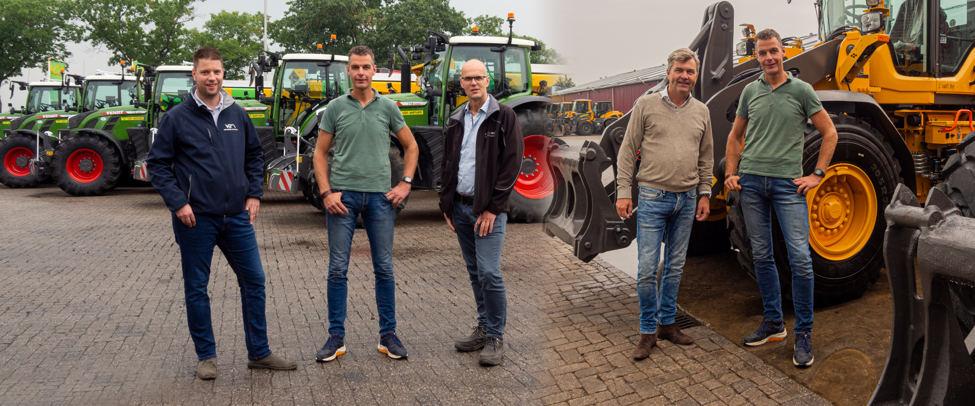 Tweeluik: drie mannen bij de nieuwe groene Fendt-tractoren en twee mannen bij een gele Volvo wiellader