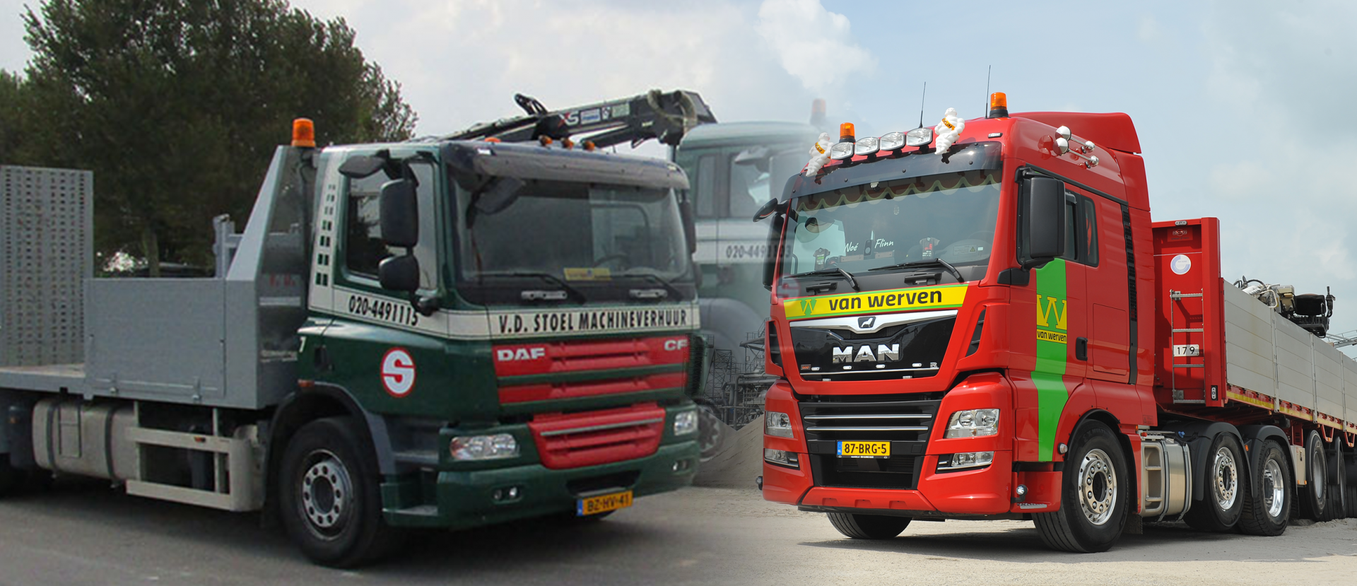 Fotomontage van een groen-witte DAF-vrachtwagen van Van der Stoel Machineverhuur naast een rode MAN-truck van Van Werven