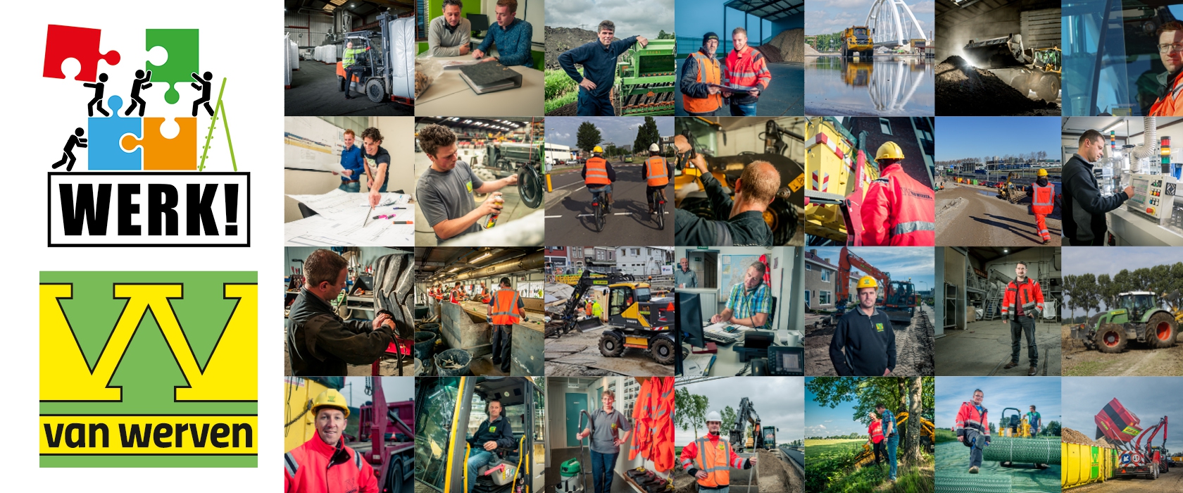 Collage van Van Werven-medewerkers in het werk, naast het WERK!-arbeidsmarktevent-logo
