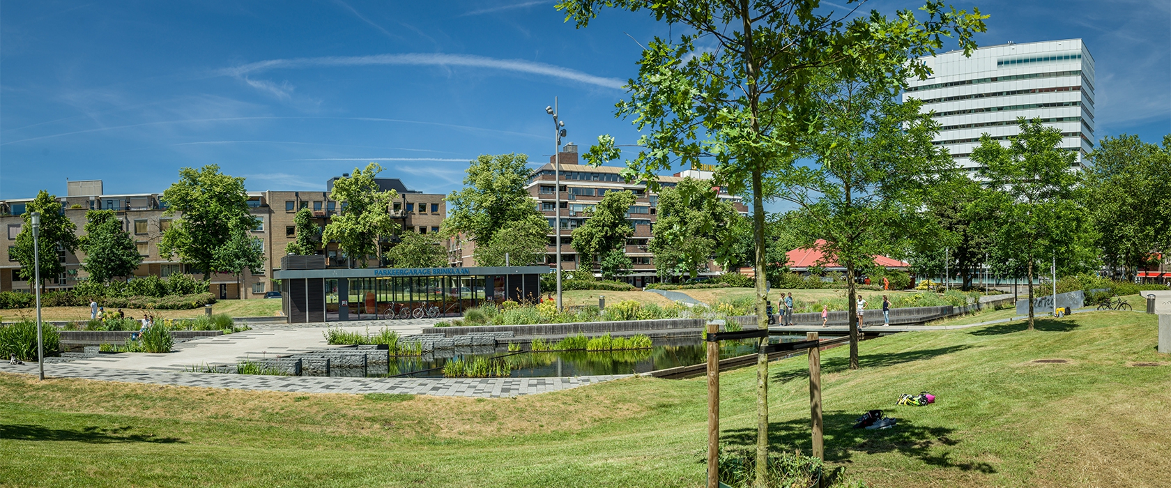Stadspark met waterpartij en beplanting op een zomerse dag