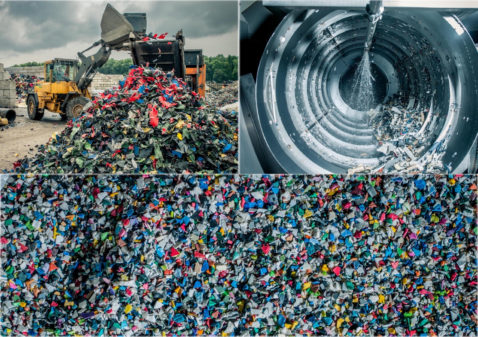 Drieluik van de kunststofrecycling: een shovel stort snippers op de berg, de wastrommel vanbinnen en een berg gewassen maalgoed van dichtbij
