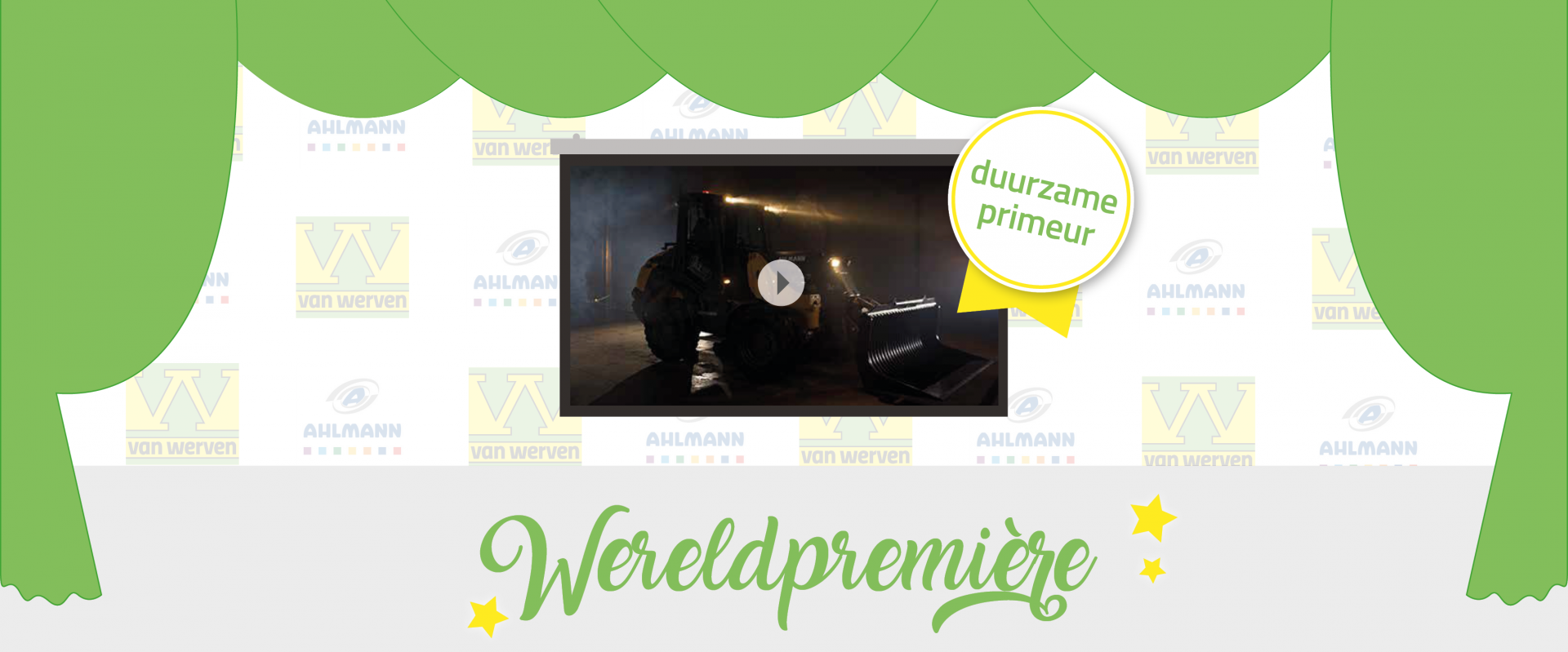 Illustratie van een theatergordijn met een videostill van een shovel en de teksten 'Wereldpremière' en 'duurzame primeur'