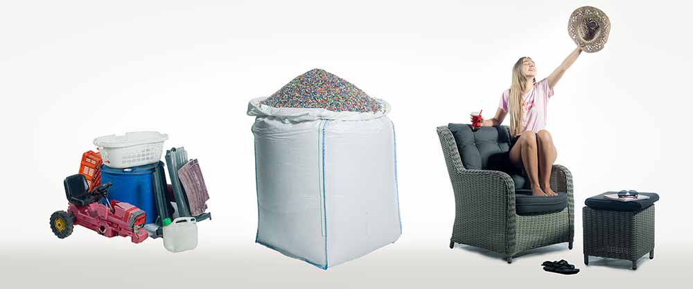 Van oud kunststof via een big bag maalgoed naar een nieuwe loungestoel
