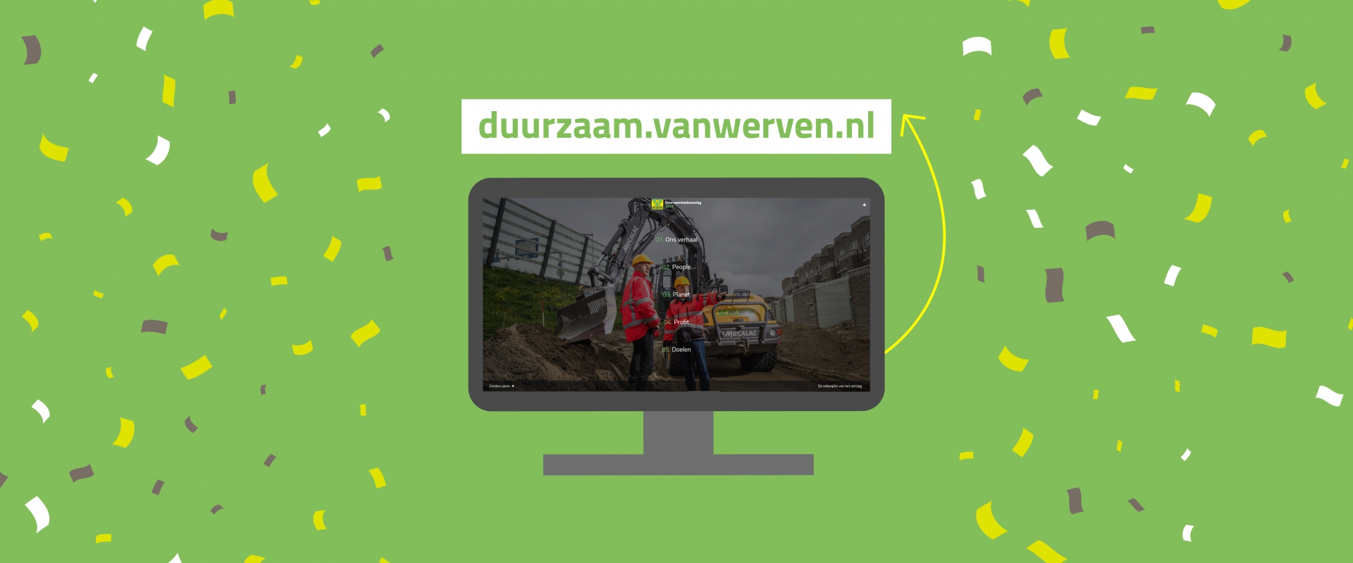 Aankondiging van duurzaam.vanwerven.nl met het duurzaamheidsverslag op een beeldscherm