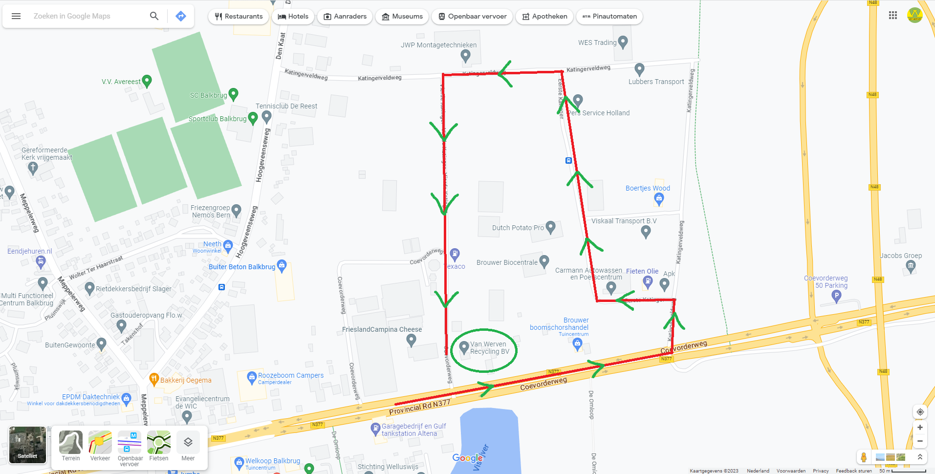 Kaart van Balkbrug met in rood de aanrijroute naar Van Werven Recycling via de Coevorderweg en de Katingerveldweg