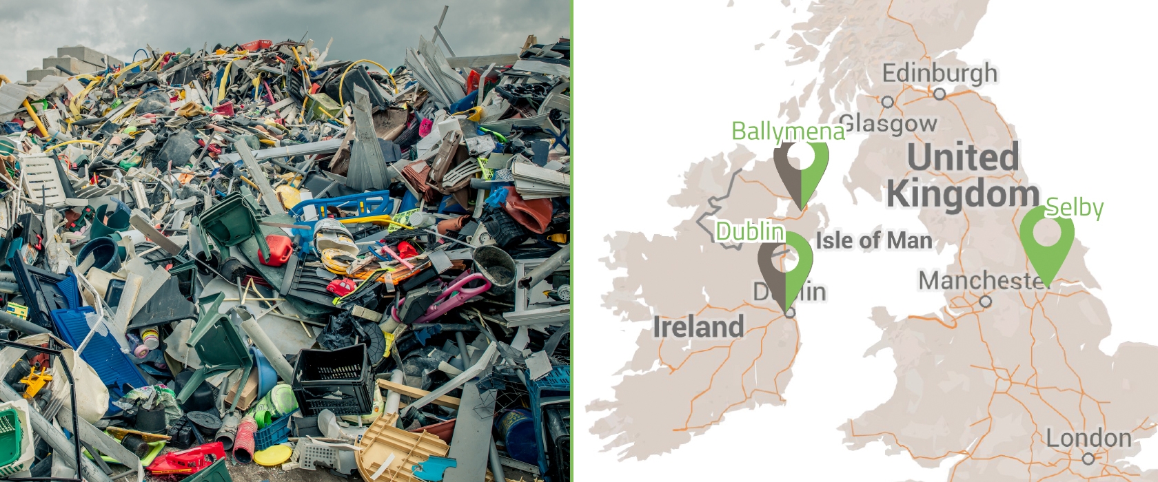 Berg ingezameld hard kunststof naast een kaart van Ierland en het Verenigd Koninkrijk met de vestigingen Dublin, Ballymena en Selby