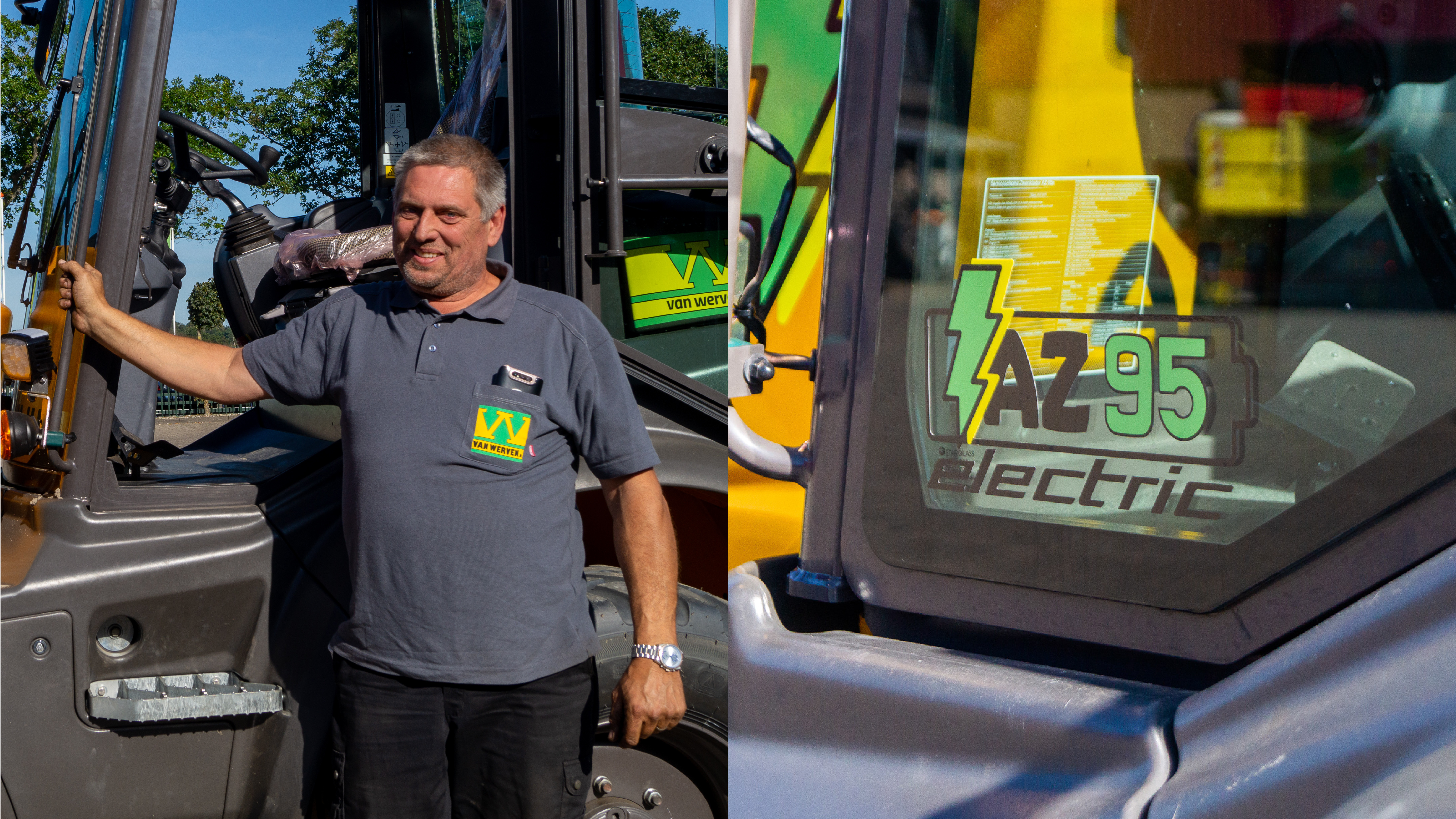 Tweeluik: een medewerker in Van Werven-polo bij de shovel en een close-up van de 'AZ 95 electric'-sticker op de cabineruit