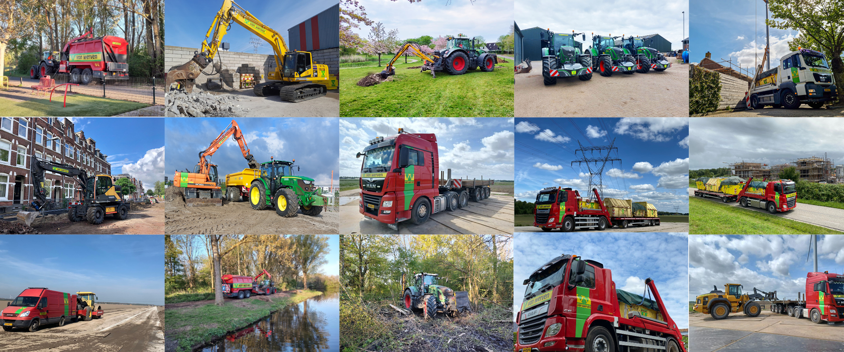 Fotocollage van vijftien beelden van Van Werven-machines en -vrachtwagens aan het werk