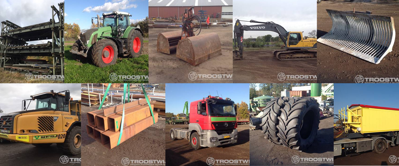 Collage van veilingstukken: tractor, rupskraan, sneeuwschuif, dumper en vrachtwagens