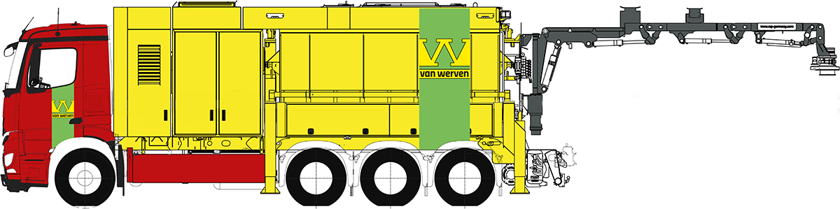Technische illustratie van de nieuwe zuigwagen met Van Werven-logo en uitgeklapte zuigarm