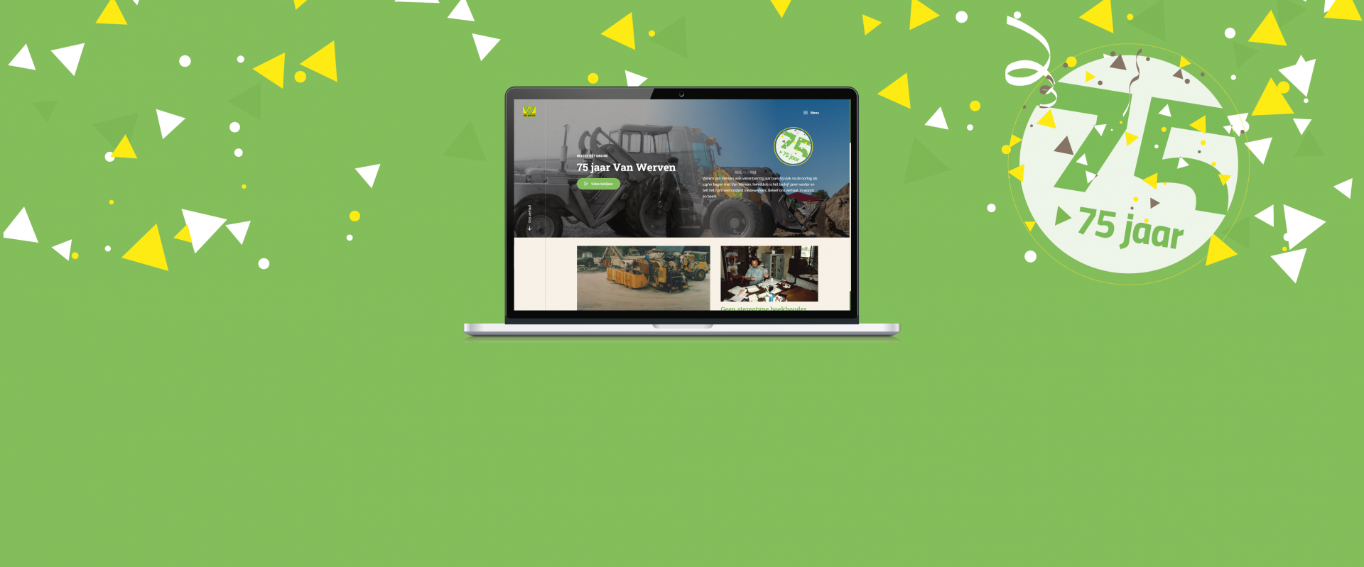Illustratie met confetti en een laptop met de jubileumwebsite '75 jaar Van Werven'
