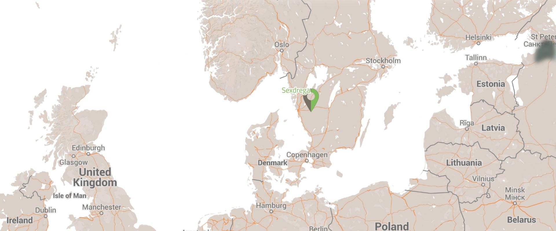 Kaart van Noord-Europa met een pin op Sexdrega in Zweden