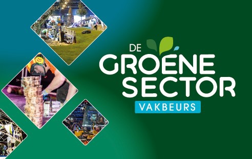 Beeldmerk van De Groene Sector Vakbeurs met foto's van beursstands en een houtbewerker in ruitvorm